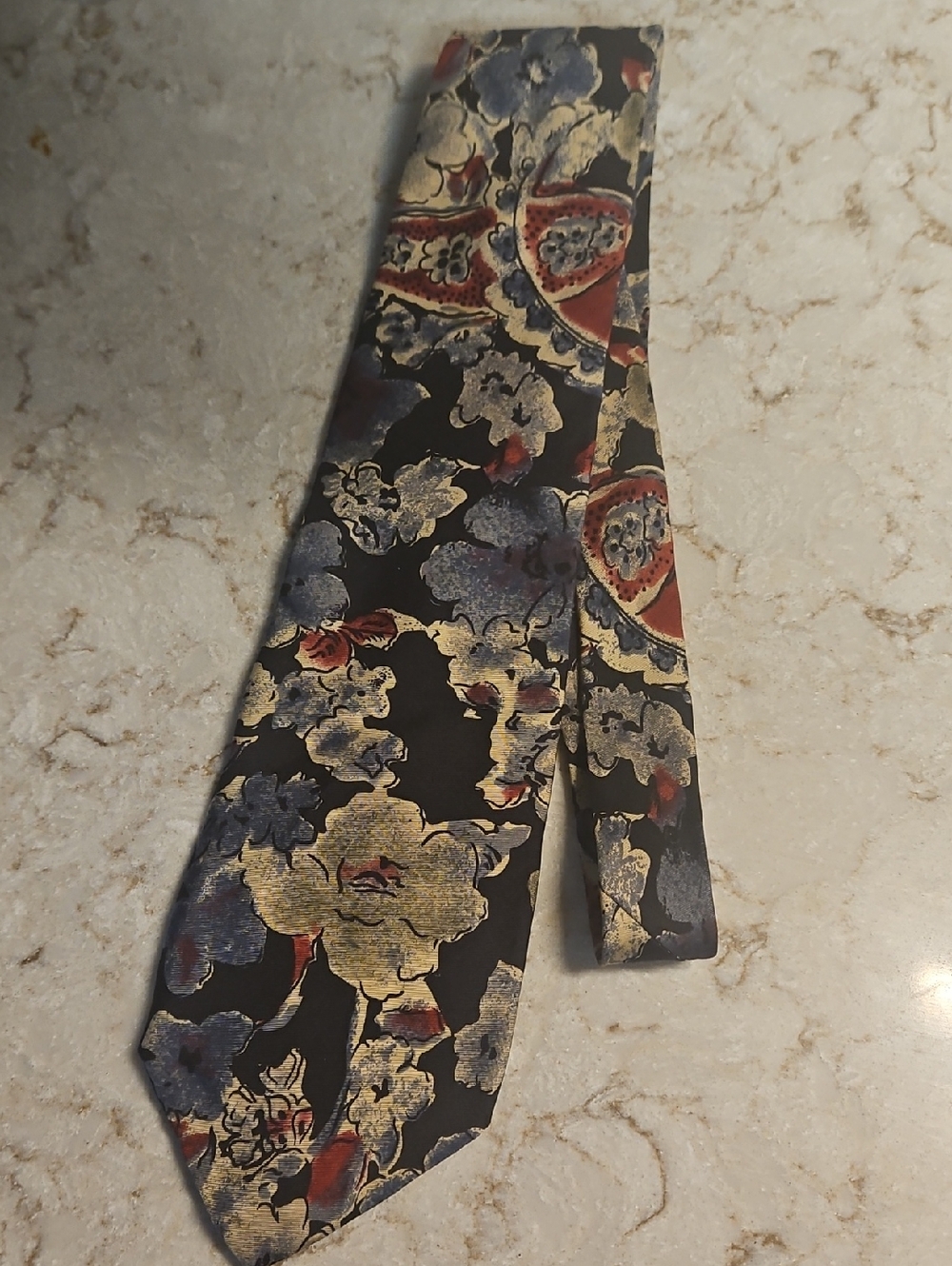 Vintage All Silk Men's Black Floral Tie with Gold and Blue Accents